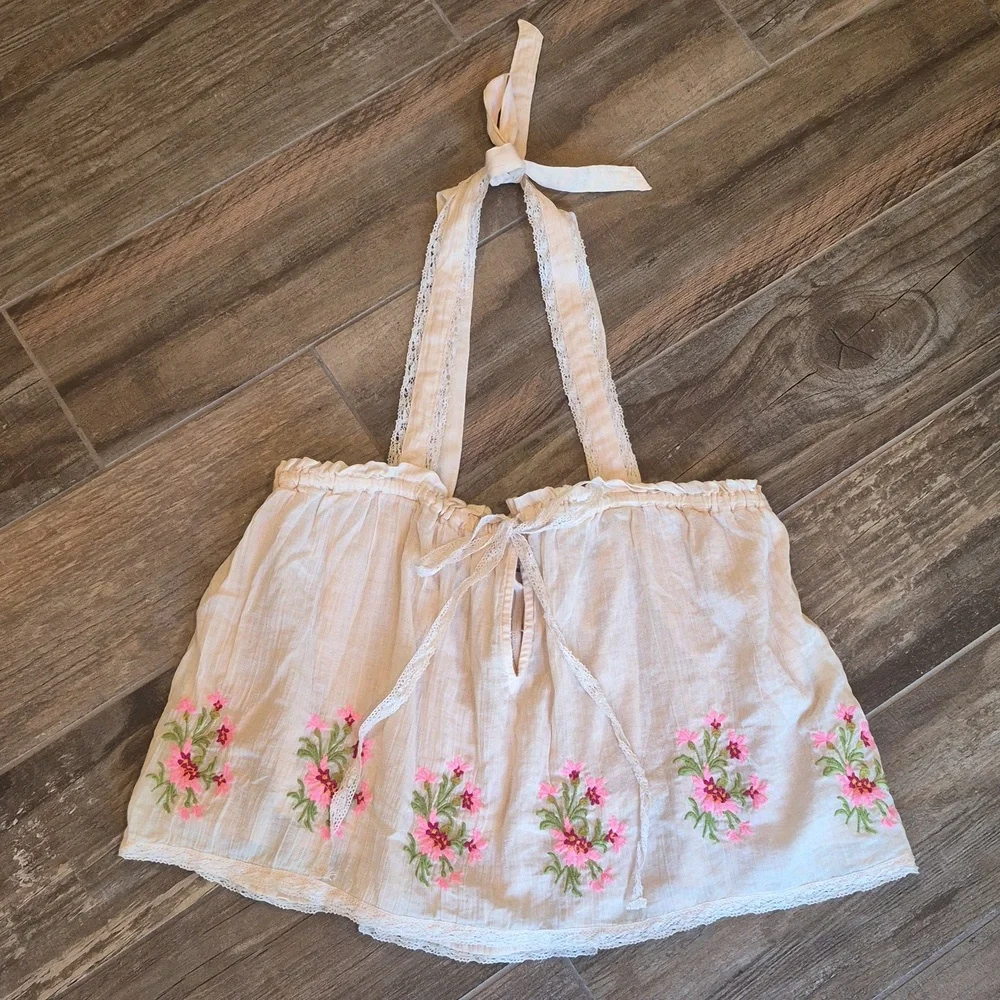 XS/S Free People Golden Hour Lace Detail Embroidered Floral Top in Peach Combo
